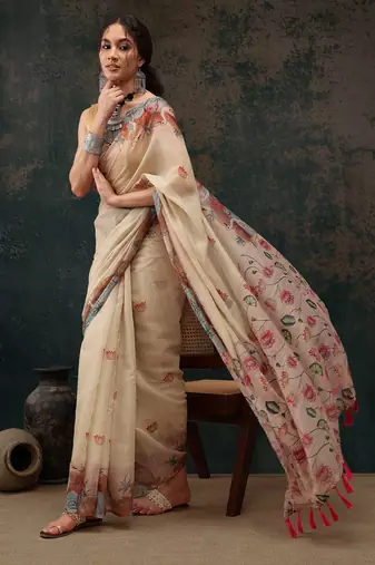 Beige Animal/Floral Digital Printed Cotton Blend Saree