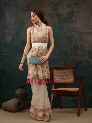 Light Green Animal/Floral Digital Printed Cotton Blend Saree 1