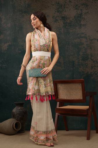 Light Green Animal/Floral Digital Printed Cotton Blend Saree