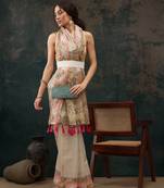 Light Green Animal/Floral Digital Printed Cotton Blend Saree