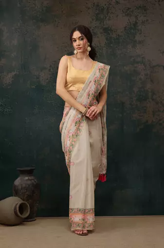 Light Green Animal/Floral Digital Printed Cotton Blend Saree