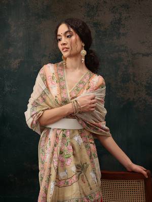 Light Green Animal/Floral Digital Printed Cotton Blend Saree 4