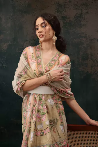 Light Green Animal/Floral Digital Printed Cotton Blend Saree