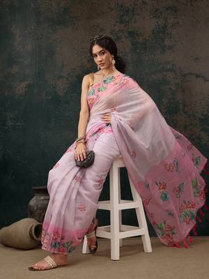 Light Pink Animal/Floral Digital Printed Cotton Blend Saree 1