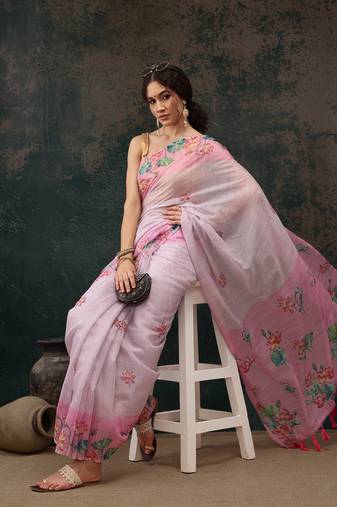 Light Pink Animal/Floral Digital Printed Cotton Blend Saree