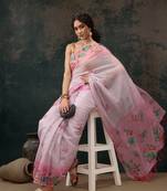 Light Pink Animal/Floral Digital Printed Cotton Blend Saree