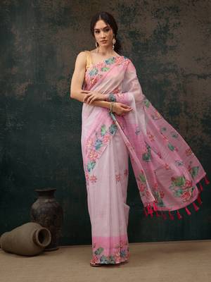 Light Pink Animal/Floral Digital Printed Cotton Blend Saree 2