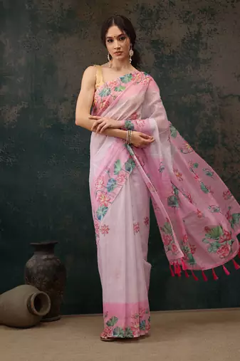 Light Pink Animal/Floral Digital Printed Cotton Blend Saree