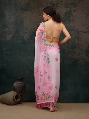 Light Pink Animal/Floral Digital Printed Cotton Blend Saree 3