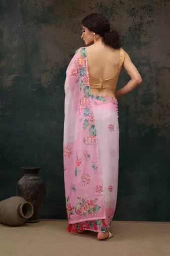 Light Pink Animal/Floral Digital Printed Cotton Blend Saree