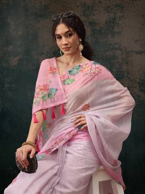 Light Pink Animal/Floral Digital Printed Cotton Blend Saree 4
