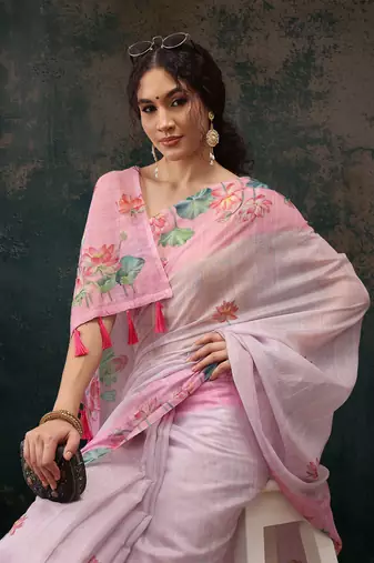 Light Pink Animal/Floral Digital Printed Cotton Blend Saree