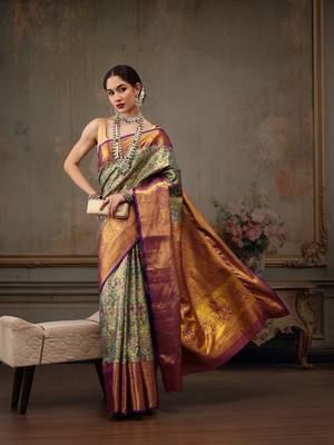 Bottle Green Floral Woven Design Silk Blend Saree 1