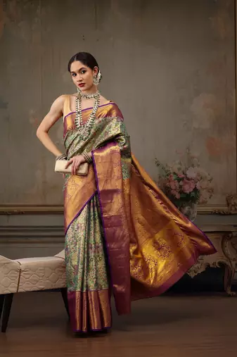 Bottle Green Floral Woven Design Silk Blend Saree