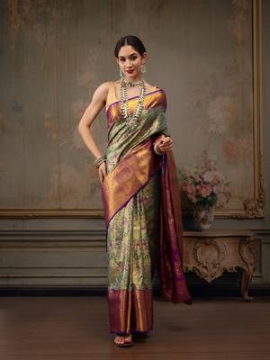 Bottle Green Floral Woven Design Silk Blend Saree 2