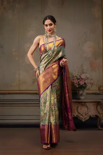 Bottle Green Floral Woven Design Silk Blend Saree