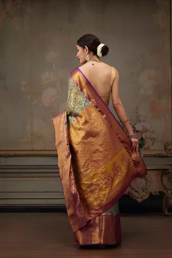 Bottle Green Floral Woven Design Silk Blend Saree