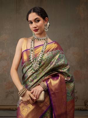Bottle Green Floral Woven Design Silk Blend Saree 4