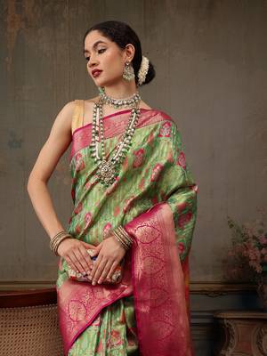 Parrot Green Floral/Leaf Woven Design Silk Blend Saree 1
