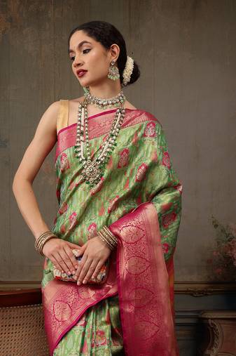 Parrot Green Floral/Leaf Woven Design Silk Blend Saree