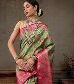 Parrot Green Floral/Leaf Woven Design Silk Blend Saree
