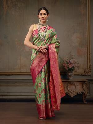Parrot Green Floral/Leaf Woven Design Silk Blend Saree 2