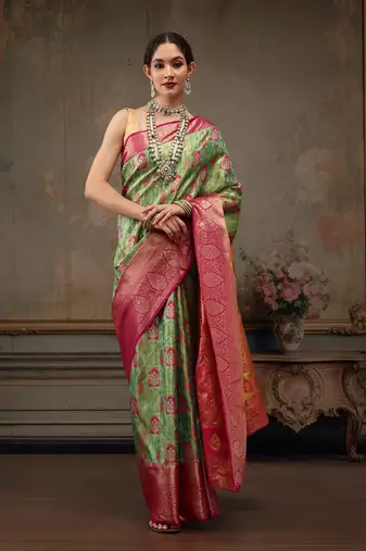Parrot Green Floral/Leaf Woven Design Silk Blend Saree
