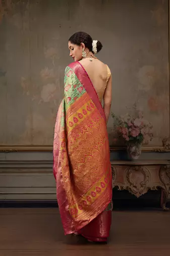 Parrot Green Floral/Leaf Woven Design Silk Blend Saree