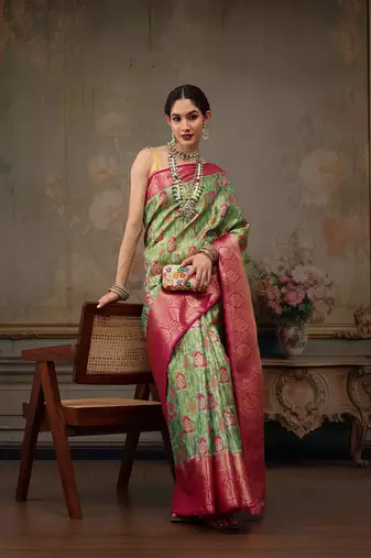 Parrot Green Floral/Leaf Woven Design Silk Blend Saree