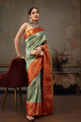 Green Floral Woven Design Silk Blend Saree