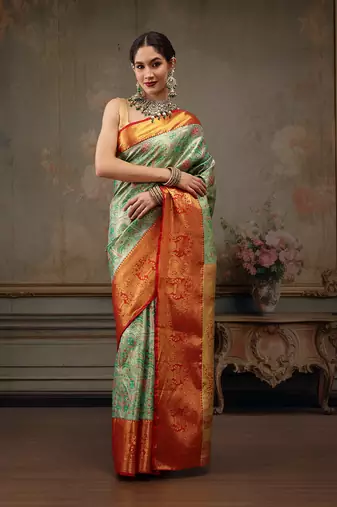 Green Floral Woven Design Silk Blend Saree