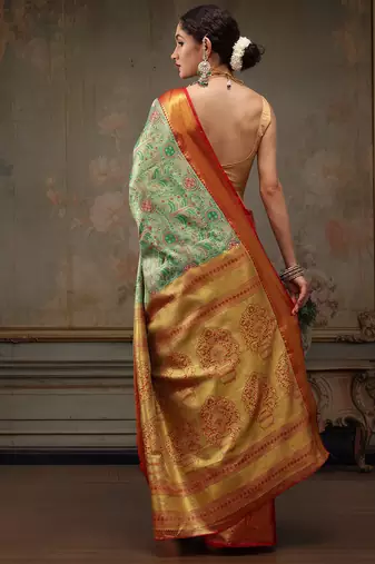 Green Floral Woven Design Silk Blend Saree
