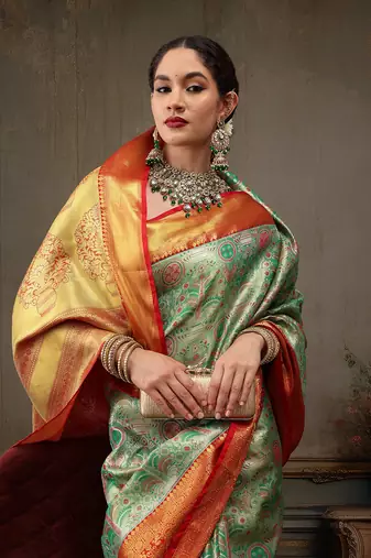 Green Floral Woven Design Silk Blend Saree