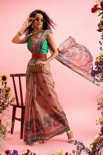 Peach Madhubani Printed Cotton Blend Saree