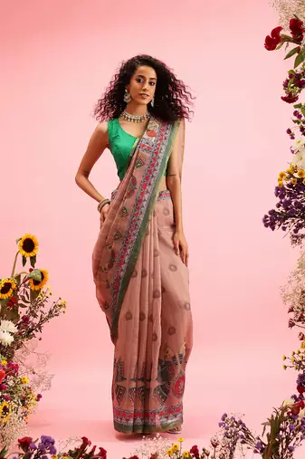 Peach Madhubani Printed Cotton Blend Saree