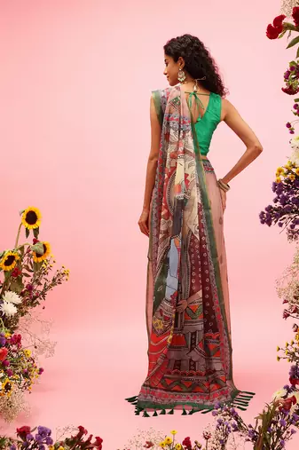 Peach Madhubani Printed Cotton Blend Saree