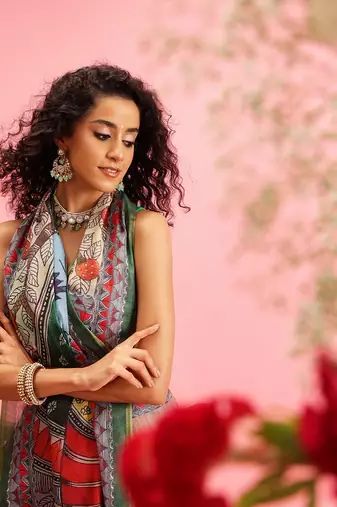 Peach Madhubani Printed Cotton Blend Saree