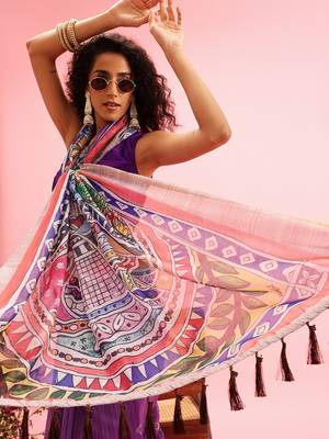 Purple Madhubani Printed Cotton Blend Saree 1