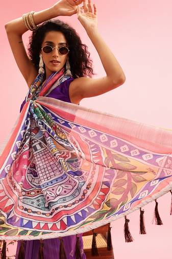Purple Madhubani Printed Cotton Blend Saree
