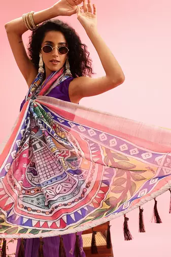 Purple Madhubani Printed Cotton Blend Saree