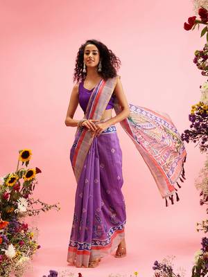 Purple Madhubani Printed Cotton Blend Saree 2