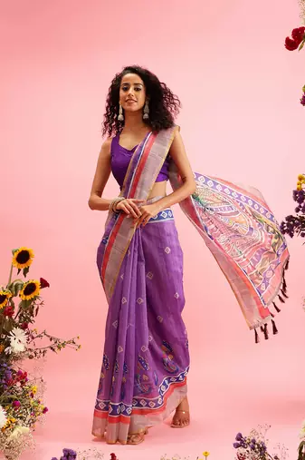 Purple Madhubani Printed Cotton Blend Saree