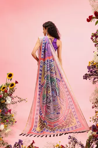Purple Madhubani Printed Cotton Blend Saree