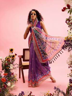 Purple Madhubani Printed Cotton Blend Saree 4