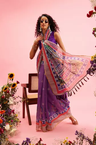 Purple Madhubani Printed Cotton Blend Saree