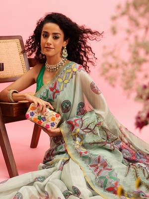 Green Madhubani Printed Cotton Blend Saree 1