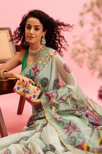 Green Madhubani Printed Cotton Blend Saree