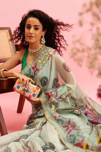 Green Madhubani Printed Cotton Blend Saree
