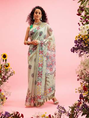 Green Madhubani Printed Cotton Blend Saree 2