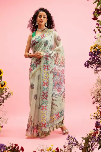 Green Madhubani Printed Cotton Blend Saree